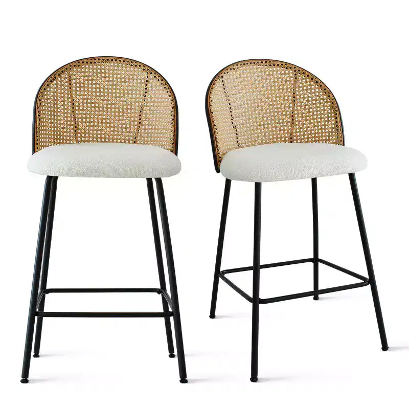 2er-Set Moderner Rattan-Rücken-Tresenhocker, Armlehnenlose Bouclé-Stoffsitze mit Metallfuß, Kücheninselhocker, Frühstücksbarstühle – Panipeachy