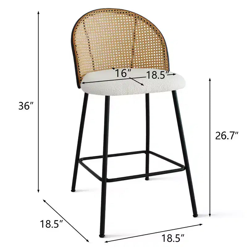 2er-Set Moderner Rattan-Rücken-Tresenhocker, Armlehnenlose Bouclé-Stoffsitze mit Metallfuß, Kücheninselhocker, Frühstücksbarstühle – Panipeachy