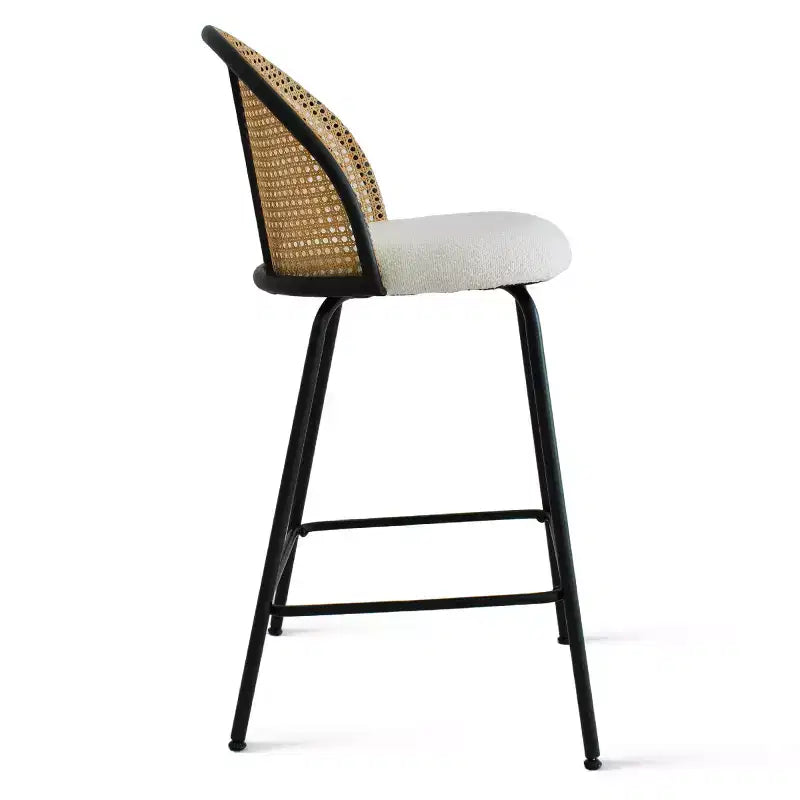 2er-Set Moderner Rattan-Rücken-Tresenhocker, Armlehnenlose Bouclé-Stoffsitze mit Metallfuß, Kücheninselhocker, Frühstücksbarstühle – Panipeachy