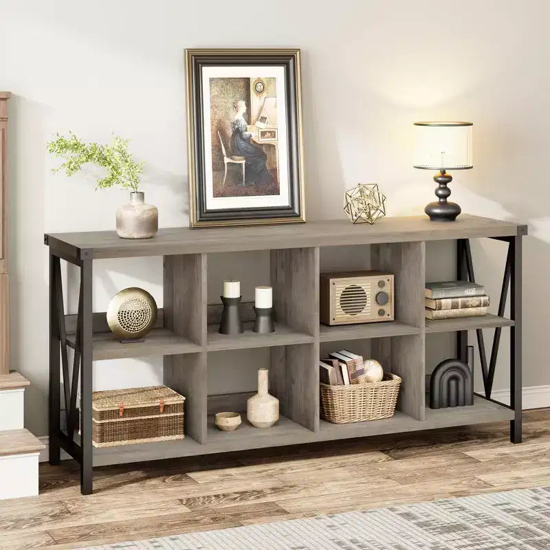 8-Würfel-Aufbewahrungsorganisator & 62 Bauernhaus-Bücherregal - Modernes Holz-Bücherregal mit Würfeln, langes Aufbewahrungsmöbel für Wohnzimmer, Eingangsbereich, Büro