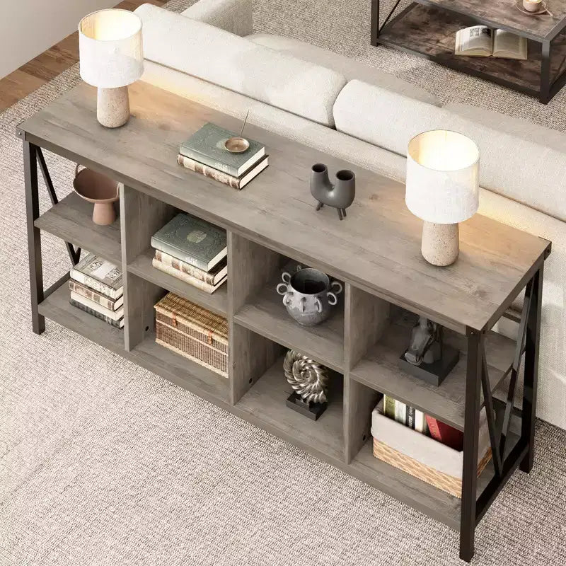 8-Würfel-Aufbewahrungsorganisator & 62 Bauernhaus-Bücherregal - Modernes Holz-Bücherregal mit Würfeln, langes Aufbewahrungsmöbel für Wohnzimmer, Eingangsbereich, Büro