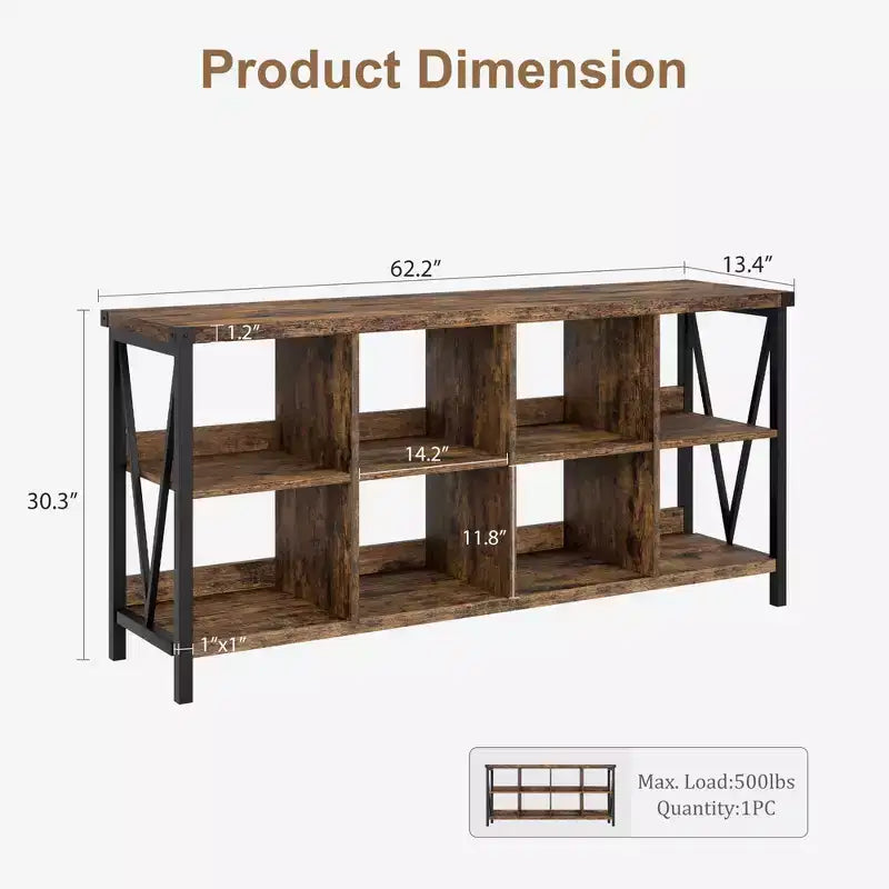 8-Würfel-Aufbewahrungsorganisator & 62 Bauernhaus-Bücherregal - Modernes Holz-Bücherregal mit Würfeln, langes Aufbewahrungsmöbel für Wohnzimmer, Eingangsbereich, Büro