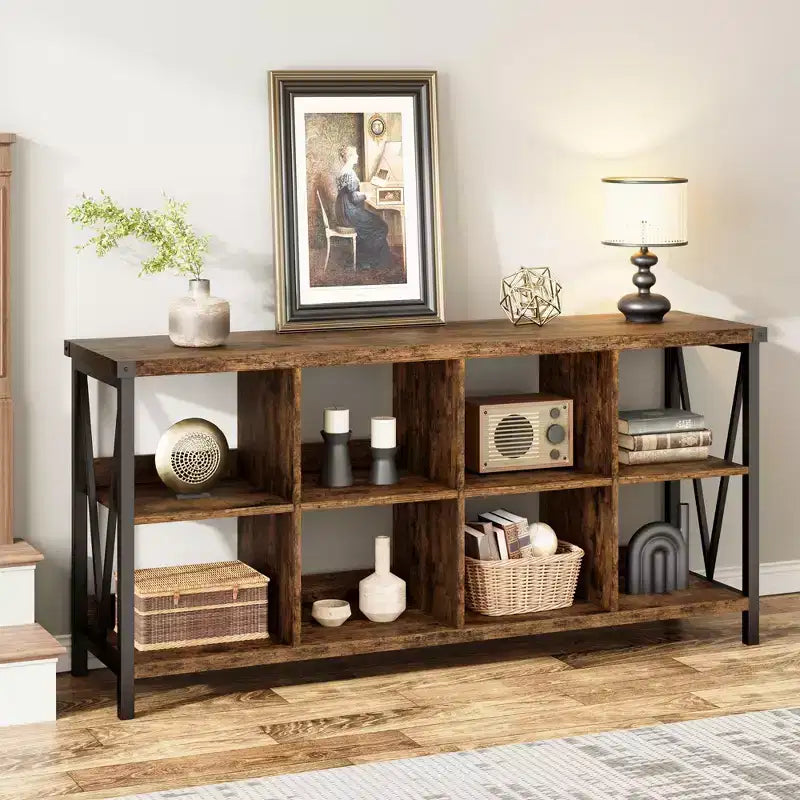 8-Würfel-Aufbewahrungsorganisator & 62 Bauernhaus-Bücherregal - Modernes Holz-Bücherregal mit Würfeln, langes Aufbewahrungsmöbel für Wohnzimmer, Eingangsbereich, Büro