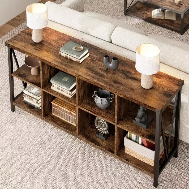 8-Würfel-Aufbewahrungsorganisator & 62 Bauernhaus-Bücherregal - Modernes Holz-Bücherregal mit Würfeln, langes Aufbewahrungsmöbel für Wohnzimmer, Eingangsbereich, Büro