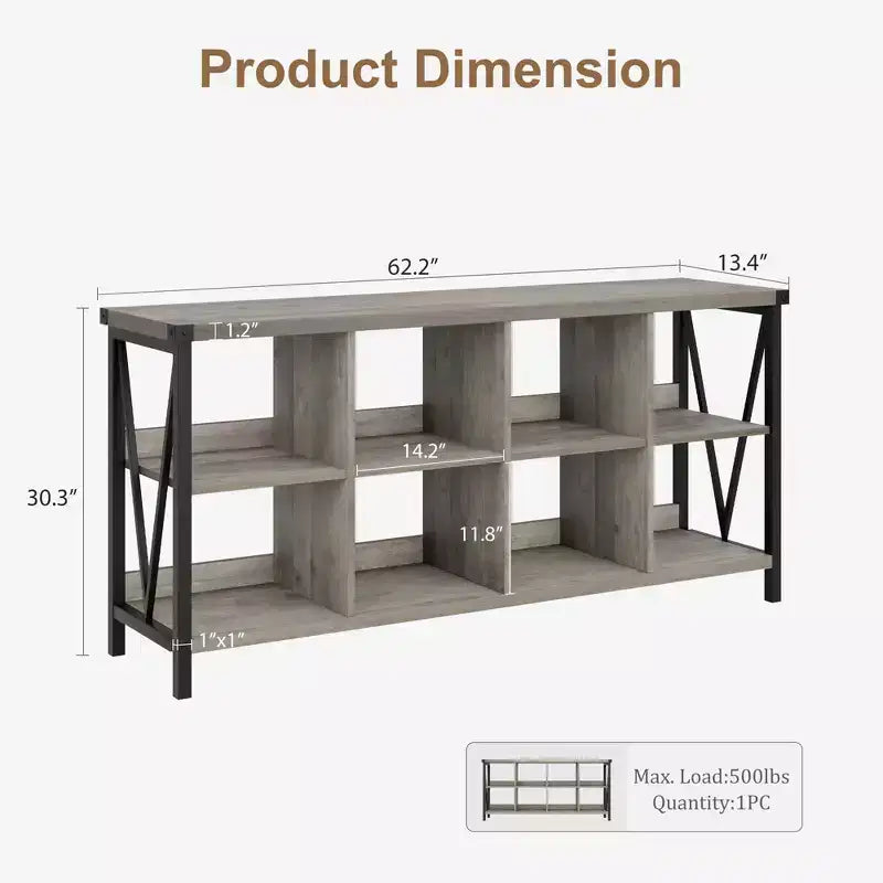 8-Würfel-Aufbewahrungsorganisator & 62 Bauernhaus-Bücherregal - Modernes Holz-Bücherregal mit Würfeln, langes Aufbewahrungsmöbel für Wohnzimmer, Eingangsbereich, Büro