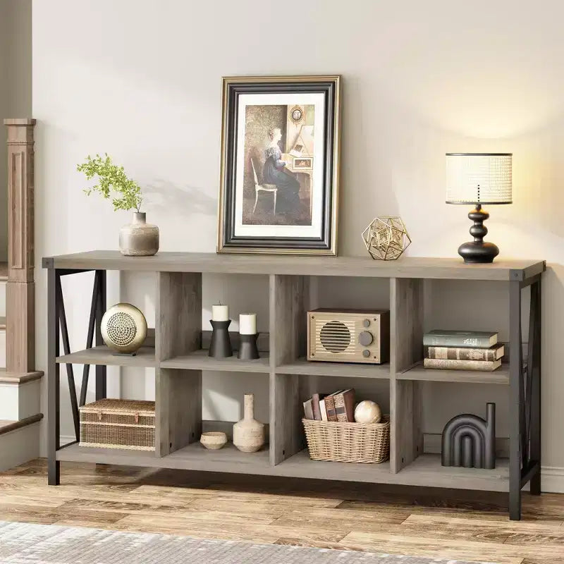 8-Würfel-Aufbewahrungsorganisator & 62 Bauernhaus-Bücherregal - Modernes Holz-Bücherregal mit Würfeln, langes Aufbewahrungsmöbel für Wohnzimmer, Eingangsbereich, Büro