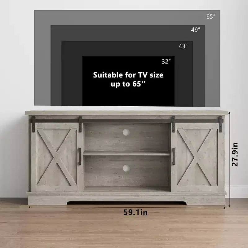 65 Zoll Bauernhaus-TV-Ständer, Entertainment-Center mit Stauraum und Schiebetüren im Scheunentor-Stil, verstellbares Regal, modernes Medien-TV, Grau