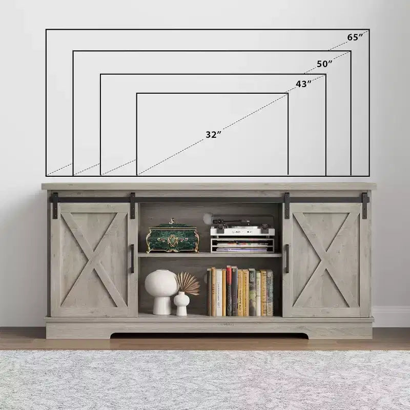 65 Zoll Bauernhaus-TV-Ständer, Entertainment-Center mit Stauraum und Schiebetüren im Scheunentor-Stil, verstellbares Regal, modernes Medien-TV, Grau
