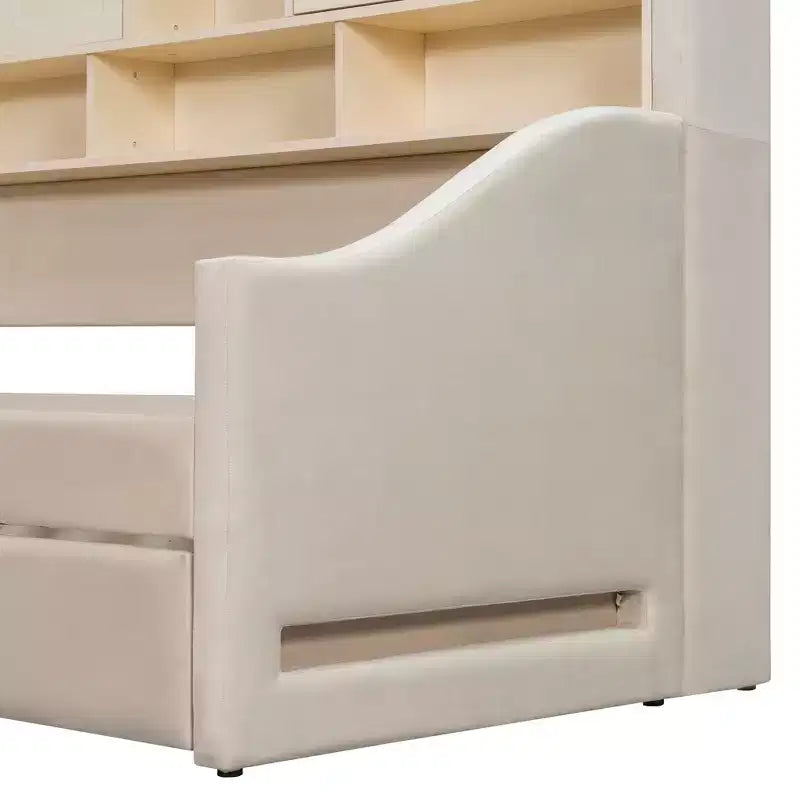 Luxystar Polster-Tagesbett in Twin-Size mit Ablagefächern, Schränken, LED-Beleuchtung und ausziehbarem, hochklappbarem Rollbett