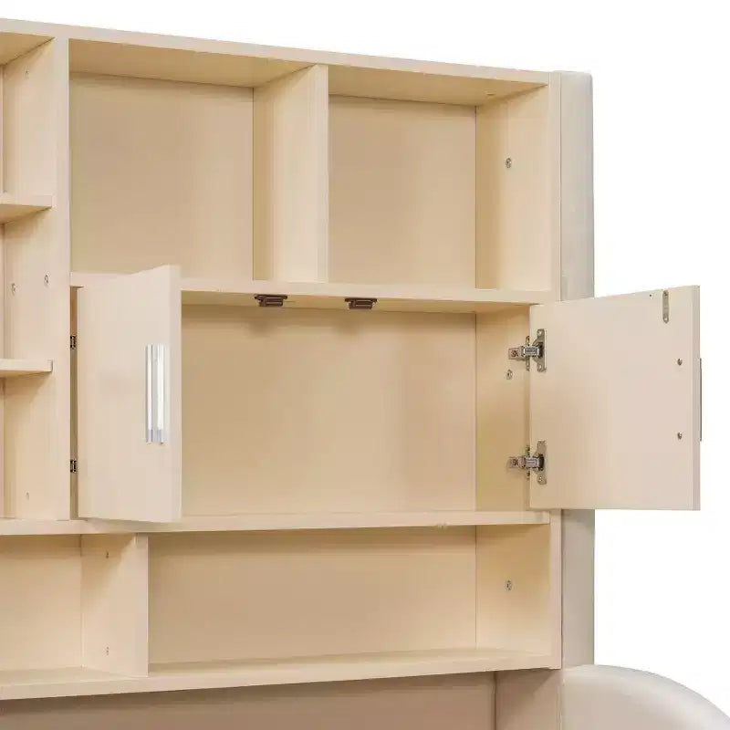 Luxystar Polster-Tagesbett in Twin-Size mit Ablagefächern, Schränken, LED-Beleuchtung und ausziehbarem, hochklappbarem Rollbett