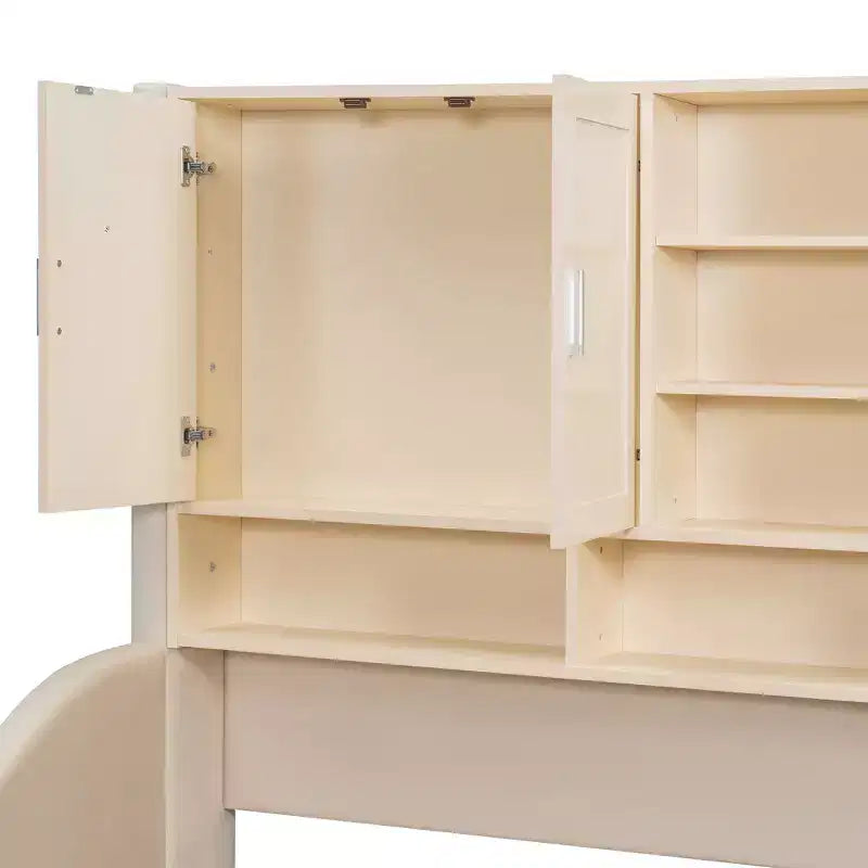 Luxystar Polster-Tagesbett in Twin-Size mit Ablagefächern, Schränken, LED-Beleuchtung und ausziehbarem, hochklappbarem Rollbett