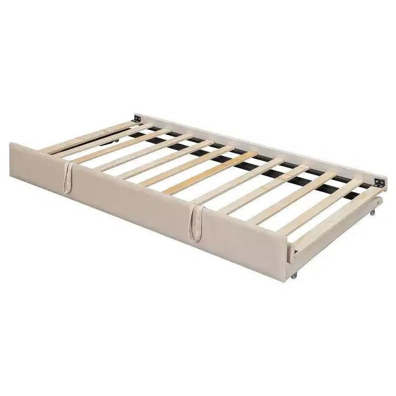 Luxystar Polster-Tagesbett in Twin-Size mit Ablagefächern, Schränken, LED-Beleuchtung und ausziehbarem, hochklappbarem Rollbett