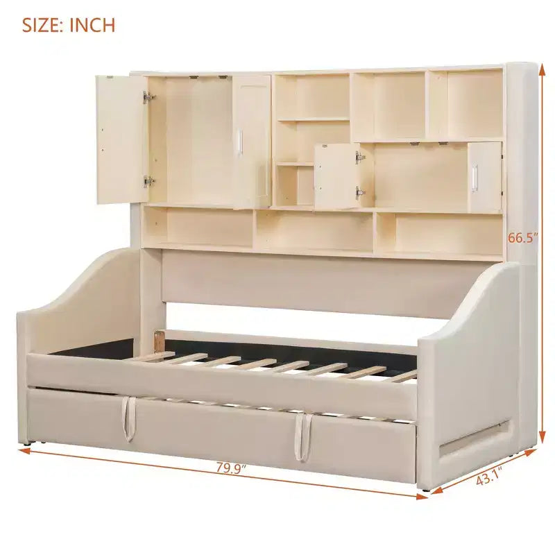 Luxystar Polster-Tagesbett in Twin-Size mit Ablagefächern, Schränken, LED-Beleuchtung und ausziehbarem, hochklappbarem Rollbett