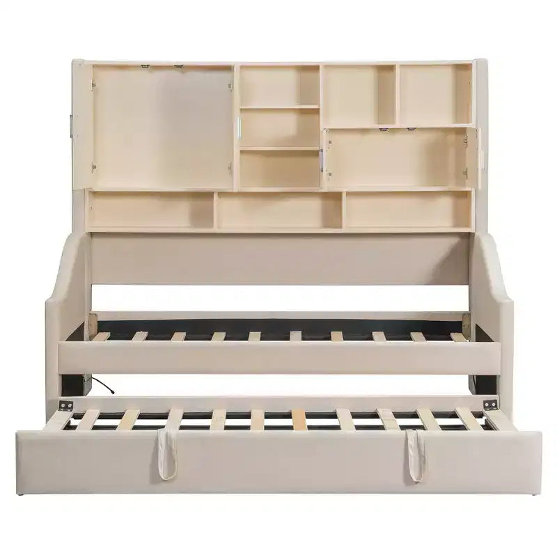 Luxystar Polster-Tagesbett in Twin-Size mit Ablagefächern, Schränken, LED-Beleuchtung und ausziehbarem, hochklappbarem Rollbett