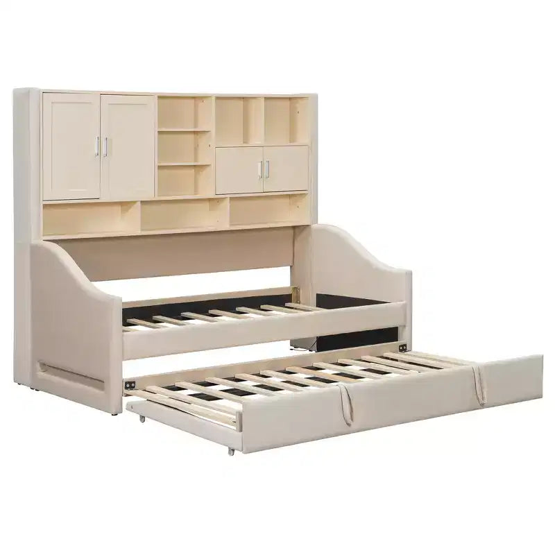 Luxystar Polster-Tagesbett in Twin-Size mit Ablagefächern, Schränken, LED-Beleuchtung und ausziehbarem, hochklappbarem Rollbett