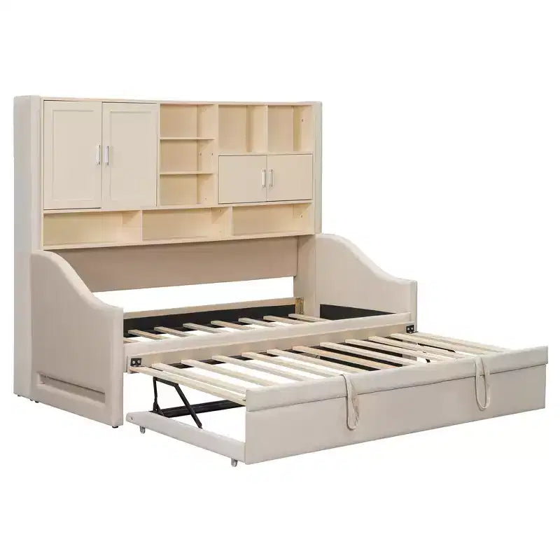 Luxystar Polster-Tagesbett in Twin-Size mit Ablagefächern, Schränken, LED-Beleuchtung und ausziehbarem, hochklappbarem Rollbett