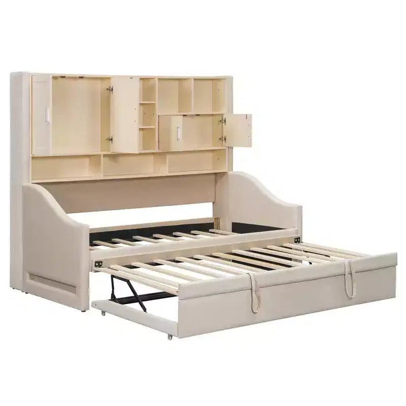 Luxystar Polster-Tagesbett in Twin-Size mit Ablagefächern, Schränken, LED-Beleuchtung und ausziehbarem, hochklappbarem Rollbett