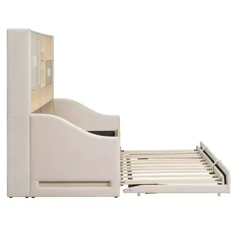 Luxystar Polster-Tagesbett in Twin-Size mit Ablagefächern, Schränken, LED-Beleuchtung und ausziehbarem, hochklappbarem Rollbett