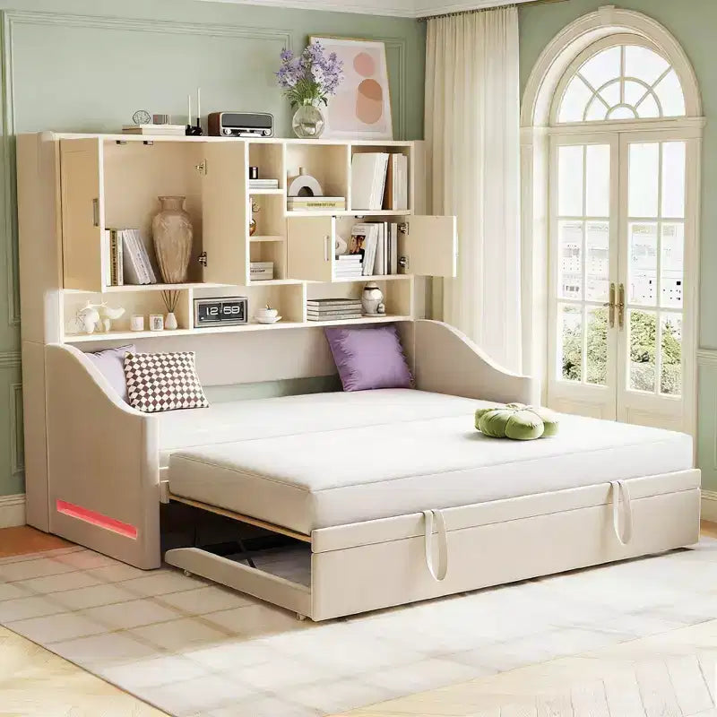Luxystar Twin Size Upholstered Daybed with Storage Shelves, Cabinets, LED Lights and Pull-Out Lift-Up Trundle