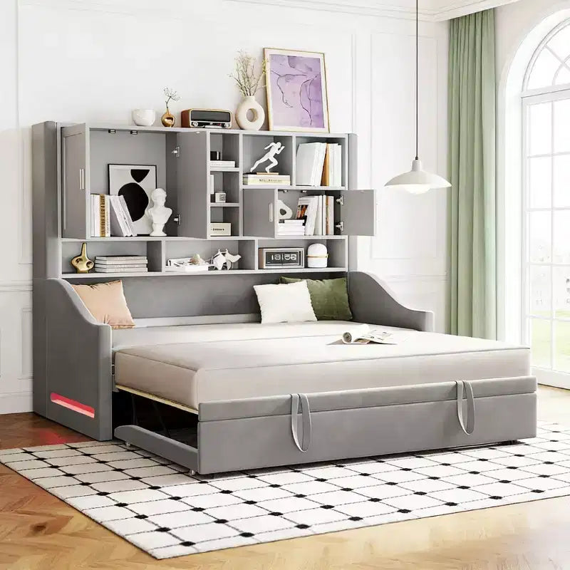 Luxystar Polster-Tagesbett in Twin-Size mit Ablagefächern, Schränken, LED-Beleuchtung und ausziehbarem, hochklappbarem Rollbett