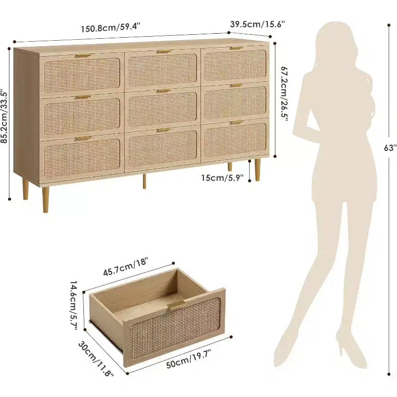 9-Schubladen-Kommode aus Rattan – Moderne Holzkommode mit viel Stauraum und breiter Ablagefläche für Schlafzimmer, Wohnzimmer oder Flur