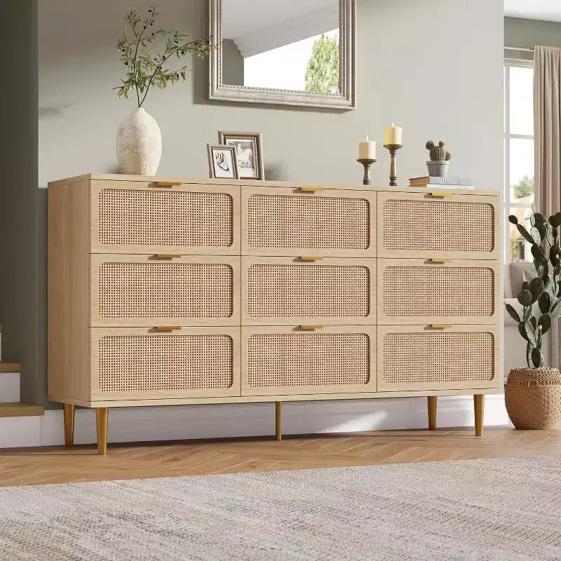 9-Schubladen-Kommode aus Rattan – Moderne Holzkommode mit viel Stauraum und breiter Ablagefläche für Schlafzimmer, Wohnzimmer oder Flur