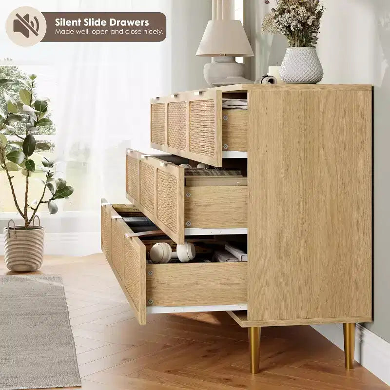 9-Schubladen-Kommode aus Rattan – Moderne Holzkommode mit viel Stauraum und breiter Ablagefläche für Schlafzimmer, Wohnzimmer oder Flur