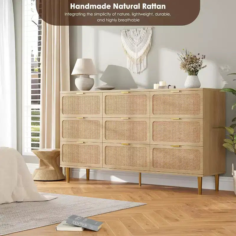 9-Schubladen-Kommode aus Rattan – Moderne Holzkommode mit viel Stauraum und breiter Ablagefläche für Schlafzimmer, Wohnzimmer oder Flur