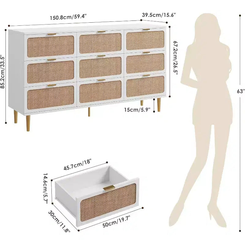 9-Schubladen-Kommode aus Rattan – Moderne Holzkommode mit viel Stauraum und breiter Ablagefläche für Schlafzimmer, Wohnzimmer oder Flur