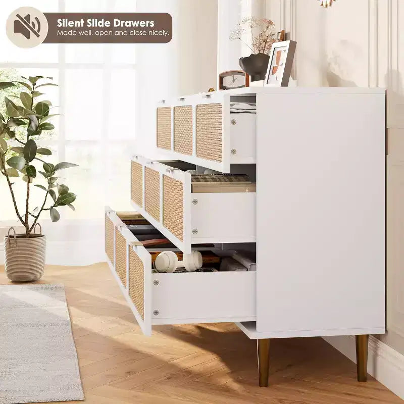 9-Schubladen-Kommode aus Rattan – Moderne Holzkommode mit viel Stauraum und breiter Ablagefläche für Schlafzimmer, Wohnzimmer oder Flur