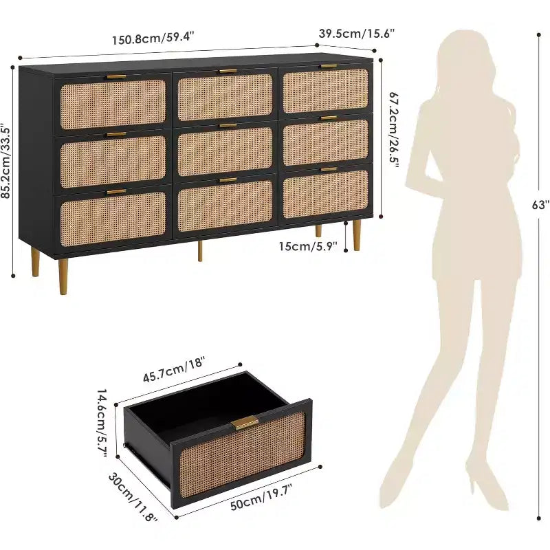 9-Schubladen-Kommode aus Rattan – Moderne Holzkommode mit viel Stauraum und breiter Ablagefläche für Schlafzimmer, Wohnzimmer oder Flur