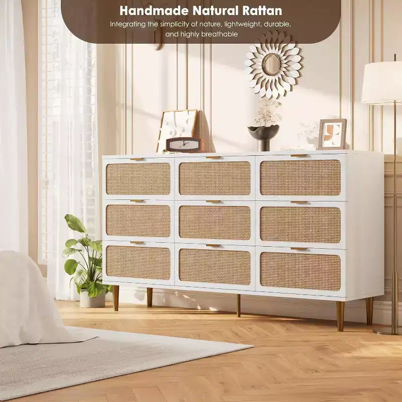 9-Schubladen-Kommode aus Rattan – Moderne Holzkommode mit viel Stauraum und breiter Ablagefläche für Schlafzimmer, Wohnzimmer oder Flur