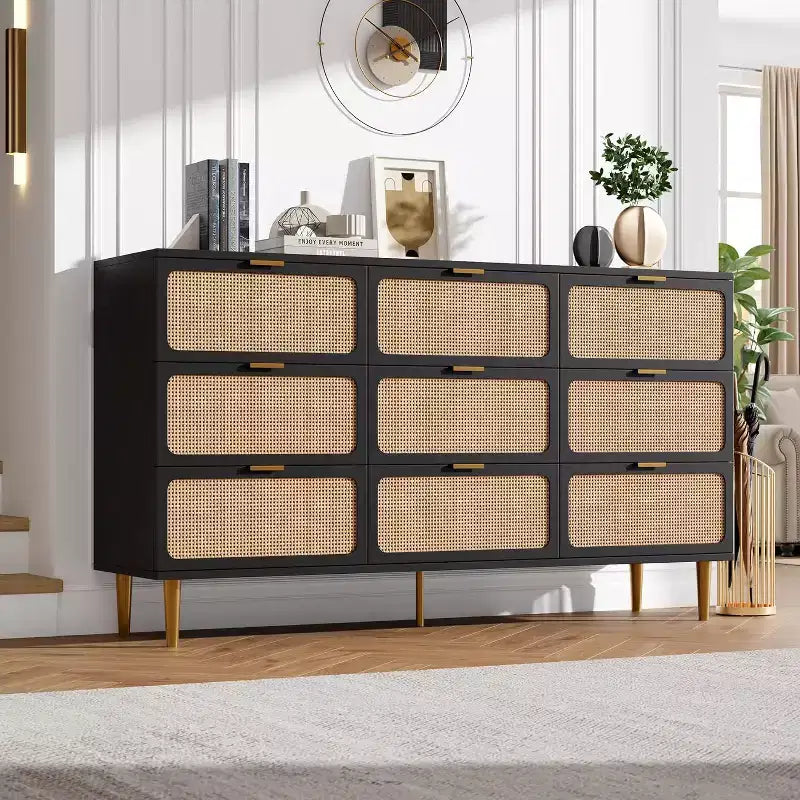 9-Schubladen-Kommode aus Rattan – Moderne Holzkommode mit viel Stauraum und breiter Ablagefläche für Schlafzimmer, Wohnzimmer oder Flur