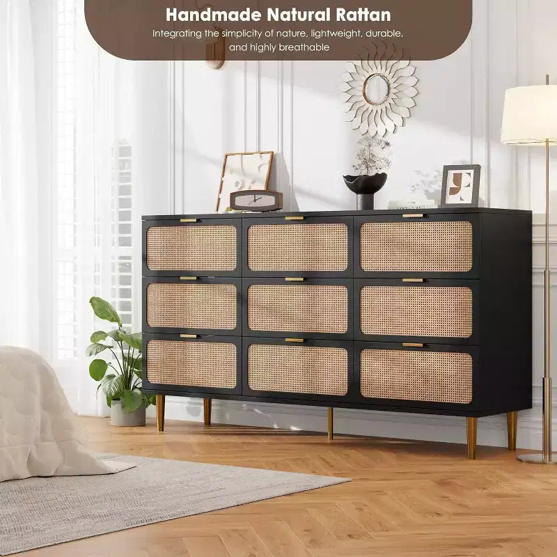 9-Schubladen-Kommode aus Rattan – Moderne Holzkommode mit viel Stauraum und breiter Ablagefläche für Schlafzimmer, Wohnzimmer oder Flur