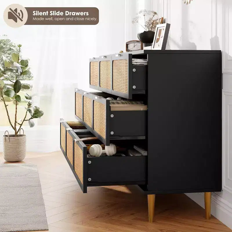 9-Schubladen-Kommode aus Rattan – Moderne Holzkommode mit viel Stauraum und breiter Ablagefläche für Schlafzimmer, Wohnzimmer oder Flur