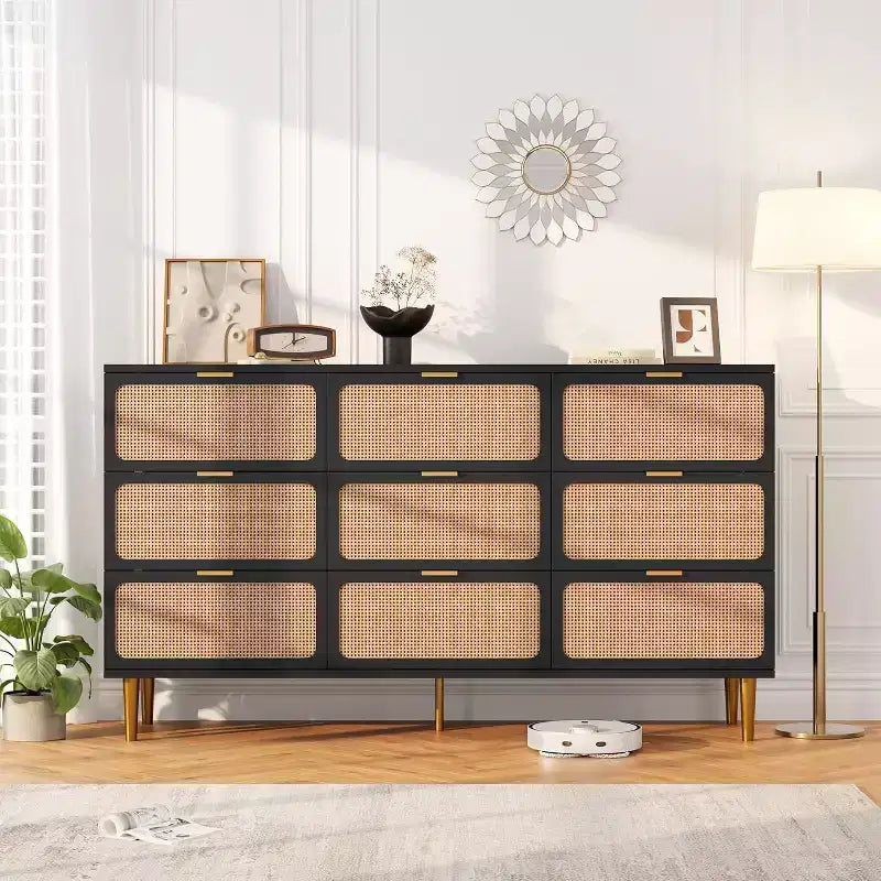9-Drawer Tall Rattan Dresser - Modern Wooden Chest with Deep Storage & Wide Top for Bedroom, Living Room, or Hallway