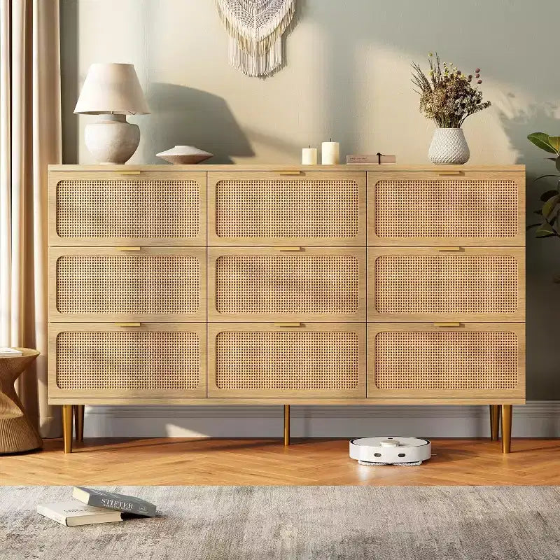 9-Schubladen-Kommode aus Rattan – Moderne Holzkommode mit viel Stauraum und breiter Ablagefläche für Schlafzimmer, Wohnzimmer oder Flur