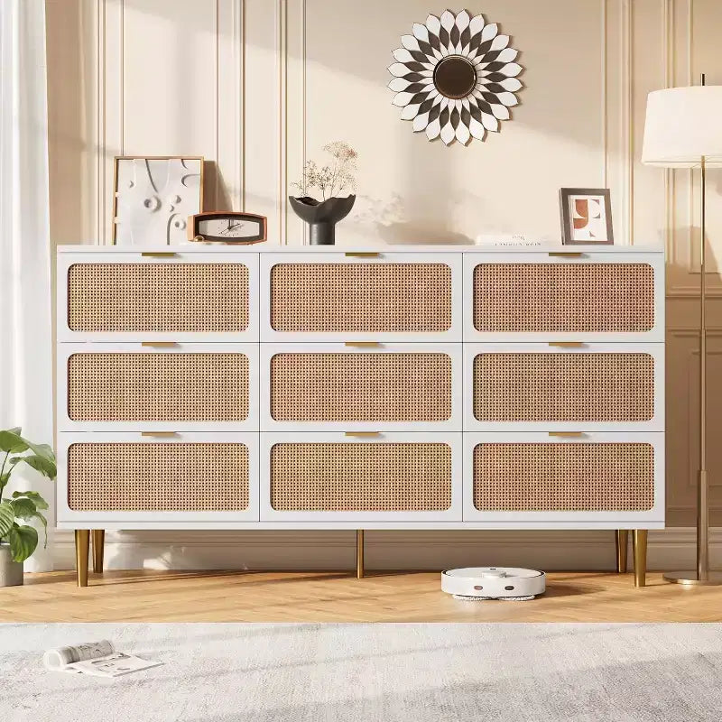 9-Schubladen-Kommode aus Rattan – Moderne Holzkommode mit viel Stauraum und breiter Ablagefläche für Schlafzimmer, Wohnzimmer oder Flur