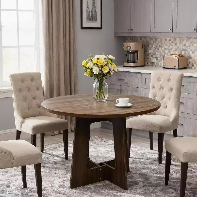 Moderner runder Bauernhaus-Esstisch für 4 Personen, 109 cm, platzsparender Holz-Säulentisch, stabiler Kreuzfuß