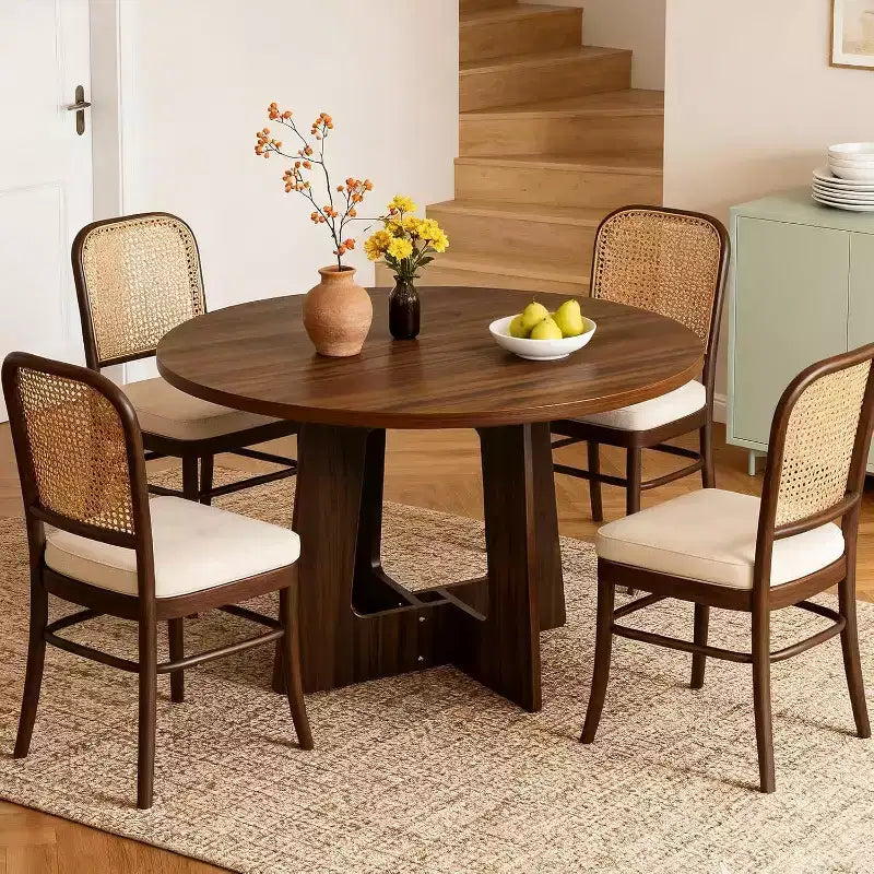 Moderner runder Bauernhaus-Esstisch für 4 Personen, 109 cm, platzsparender Holz-Säulentisch, stabiler Kreuzfuß