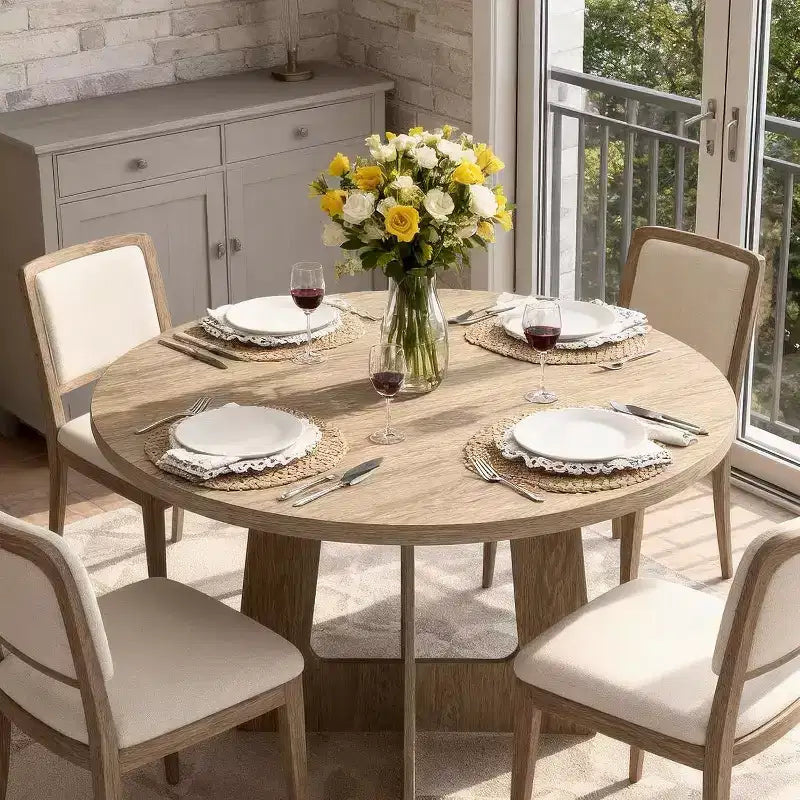 Modern Farmhouse Round Dining Table for 4  43 Space-Saving Wooden Pedestal Table  Sturdy Cross Base