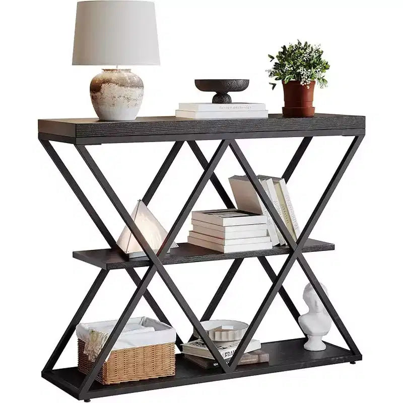 3-Tier Industrial Console Table with x-Shaped Metal Frame, Open Shelf Console Sofa Table for Living Room with Adjustable Feet