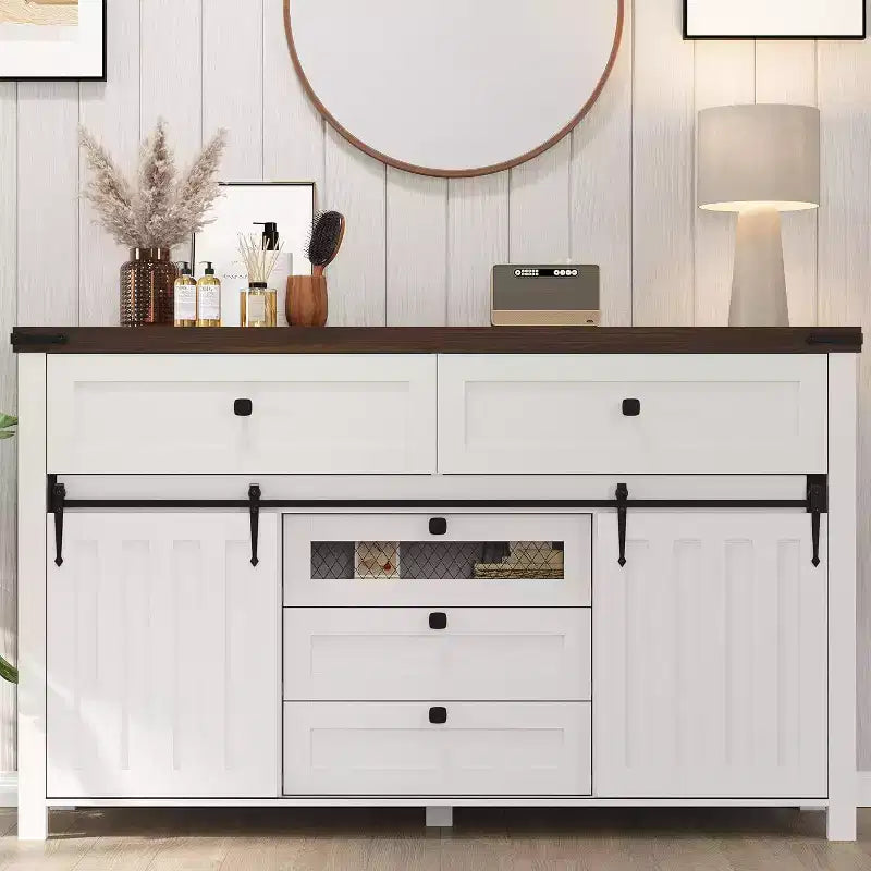 Acekool Farmhouse Buffet Cabinet, Kitchen Sideboard with Sliding Barn Doors and 5 Drawers, Coffee Bar Storage for Dining Room and Living Room