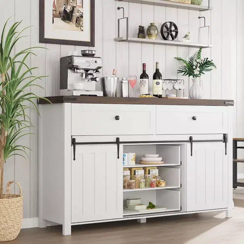 Acekool Bauernhaus-Buffetschrank, Küchenanrichte mit Schiebetüren im Scheunentor-Stil und 5 Schubladen, Kaffeebar-Aufbewahrung für Ess- und Wohnzimmer