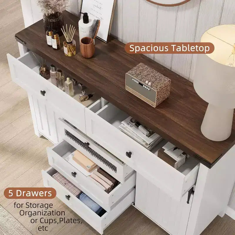 Acekool Bauernhaus-Buffetschrank, Küchenanrichte mit Schiebetüren im Scheunentor-Stil und 5 Schubladen, Kaffeebar-Aufbewahrung für Ess- und Wohnzimmer