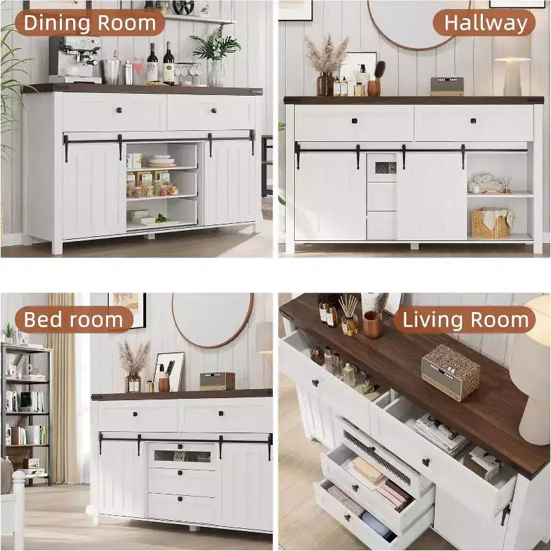 Acekool Bauernhaus-Buffetschrank, Küchenanrichte mit Schiebetüren im Scheunentor-Stil und 5 Schubladen, Kaffeebar-Aufbewahrung für Ess- und Wohnzimmer