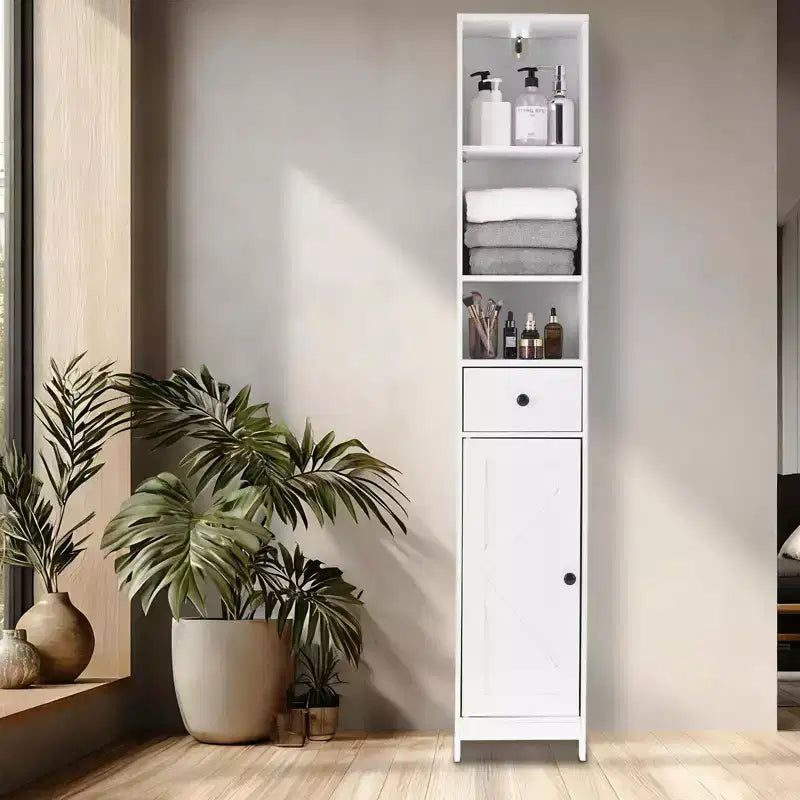 Hoher Badezimmerschrank, 170 cm moderner freistehender Schrank mit offenem Regal, Schublade und Tür zur Badorganisation, Aufbewahrungsschrank