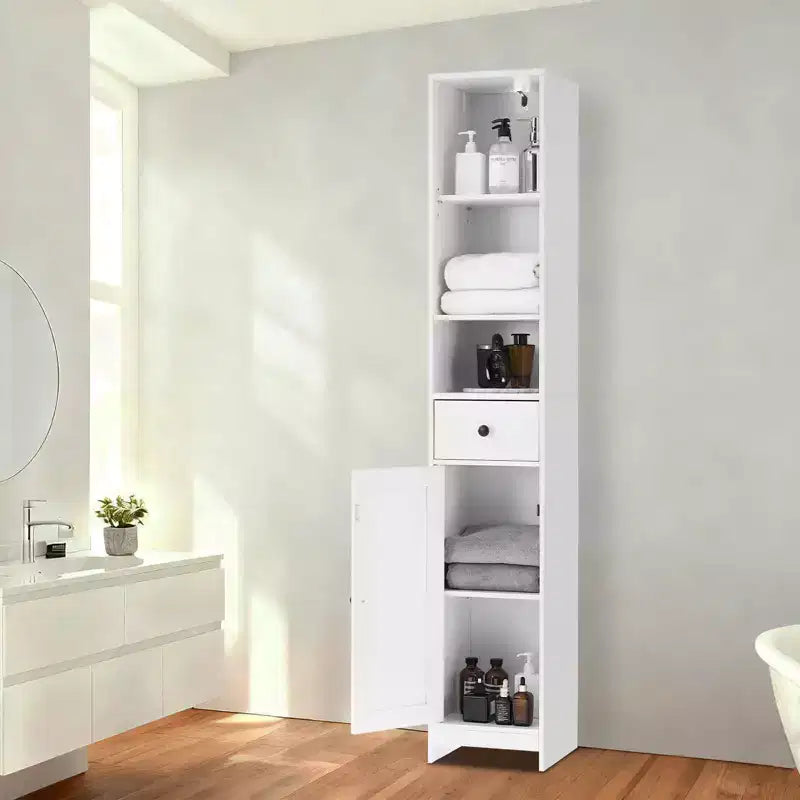 Hoher Badezimmerschrank, 170 cm moderner freistehender Schrank mit offenem Regal, Schublade und Tür zur Badorganisation, Aufbewahrungsschrank
