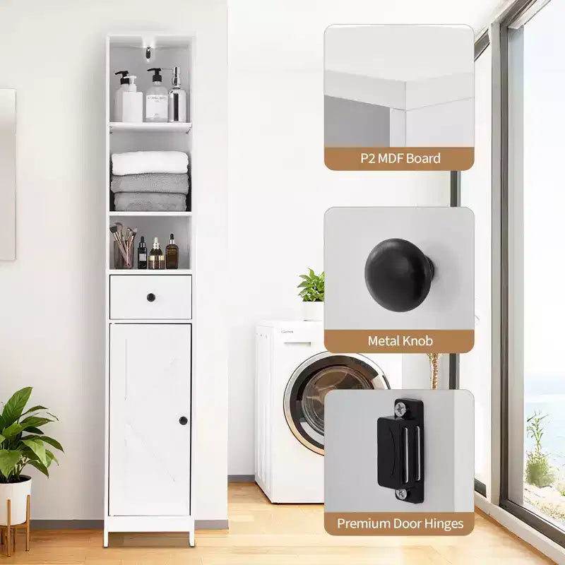 Hoher Badezimmerschrank, 170 cm moderner freistehender Schrank mit offenem Regal, Schublade und Tür zur Badorganisation, Aufbewahrungsschrank
