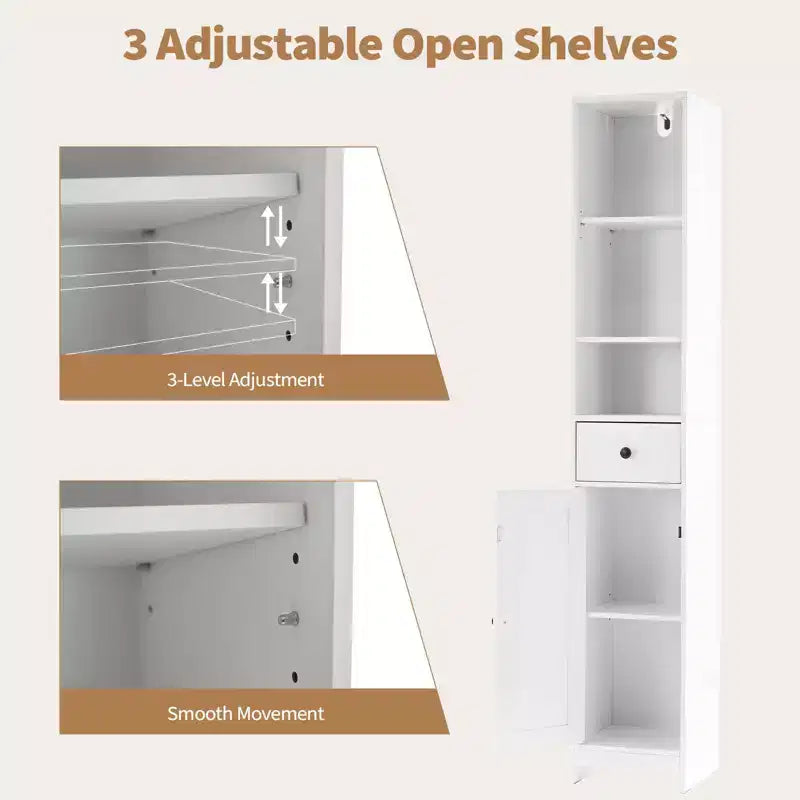 Hoher Badezimmerschrank, 170 cm moderner freistehender Schrank mit offenem Regal, Schublade und Tür zur Badorganisation, Aufbewahrungsschrank
